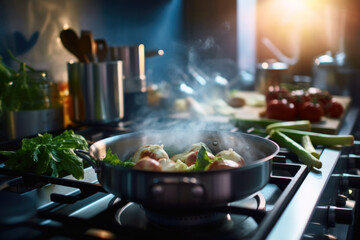 Pot skillet cooking vegetables kitchen generative ai