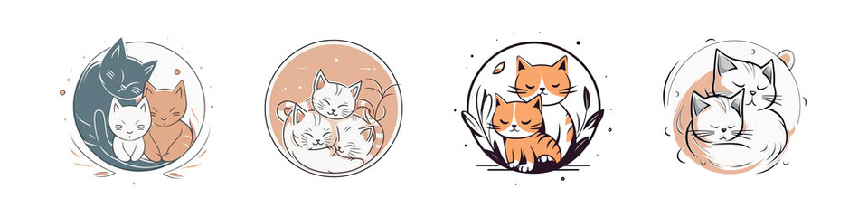 Fototapeta premium Cats illustration ornate round frame minimalistic set generative ai