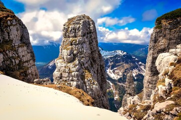 Mountain landscape in Austrian Alps. View from Loser peak over steep rocky wall in Dead Mountains (Totes Gebirge) group of mountains in Austria.