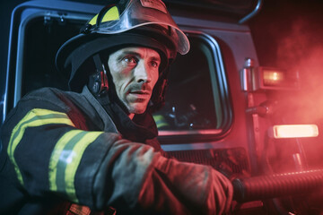 Fireman working in a fire truck portrait generative ai