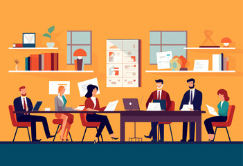 Professional woman and man sitting at the office table, having a business meeting. Teamwork, communication, and discussion are key in the brainstorming session. vector, illustrator