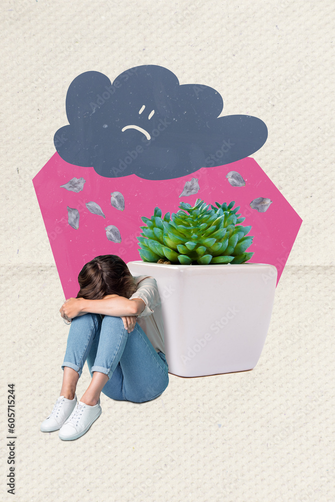 Sticker Creative photo graphics collage of crying lady having problems troubles raining cloud isolated drawing background