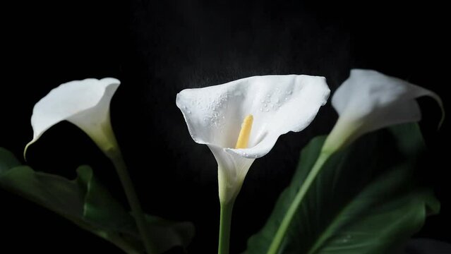A bouquet of white Calla flowers on a black background, with water splashing on them in slow motion.