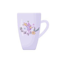 Cup decorated by floral drawing. Vector color isolated illustration.