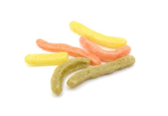 Naturally Baked Veggie Straws Made From Tomatoes, Spinach and Potatoes on white background 