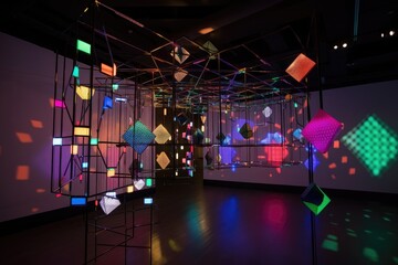kinetic and interactive art installation made of colorful geometric shapes, lights, and sounds, created with generative ai