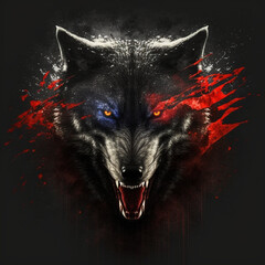 image of a ferocious wolf details in blue and red that gives the impression of blood, wolf howling at night in high resolution generated by artificial intelligence.
