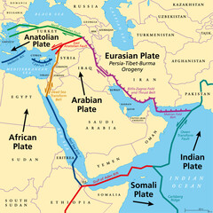 Arabian Plate, tectonic map. Minor tectonic plate, consisting mostly of the Arabian Peninsula. Together with the African and Indian plates it is moving northward, colliding with the Eurasian plate. - obrazy, fototapety, plakaty