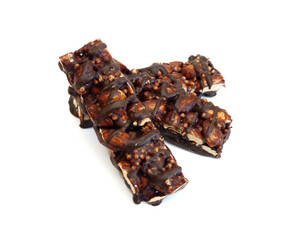 Stack chocolate chip with peanuts protein bars isolated on a white background.