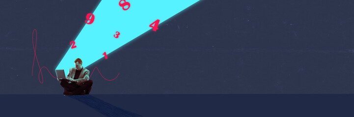 Banner with concentrated office worker, man sitting at office with laptop and working over dark...