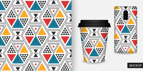 Geometric seamless pattern. Abstract background with triangles. Ornament with colorful geometric shapes. Repeating texture. Vector illustration. Design for paper, wallpaper, fabric. Mockup.