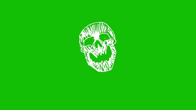 Thriller skull animation in print drawing style cartoon. Freaky Halloween background with a pointer stroke effect on the green screen background