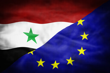 Syria and European Union mixed flag. Wavy flag of Syria and European Union fills the frame.