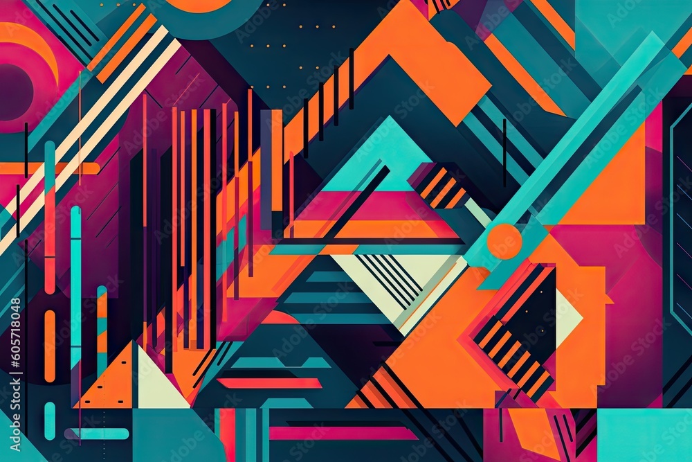 Wall mural abstract geometric design, featuring linear shapes and vibrant colors, created with generative ai