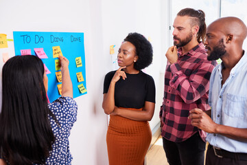 Scrum team participates in daily stand up on KANBAN board, mobile app developers