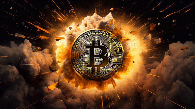 A golden bitcoin exploding