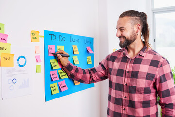 White man with ponytail writes on scrum board for sprint planning, product owner