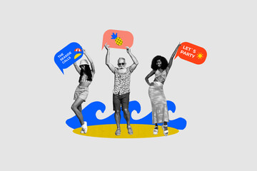 Artwork collage image of black white colors positive people hold dialogue bubble seaside calls lets...