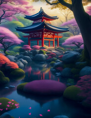 A magical and surreal artwork of a Japanese temple at night