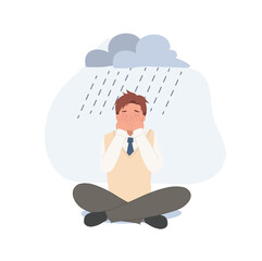 Sad lonely Asian high school boy in depression. Young unhappy boy sitting and cry. Depressed in teenager. Flat vector cartoon illustration