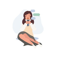 Asian high school girl is enjoying communication with friends by text chat on phone. Flat vector cartoon illustration