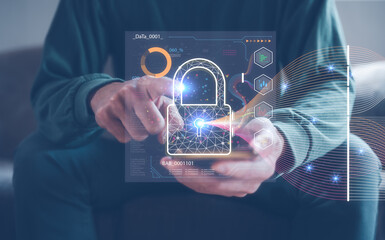 Cyber security protection information privacy  technology concept, man use smartphone digital on visual screen show padlock protecting data, password and login.