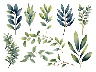 Watercolor olive leaf Botanical collection natural elements on white background. Symbol of peace. Generative Ai.