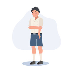 A young little school boy with sad faces. Thai primary school student boy is sad. Flat vector cartoon illustration