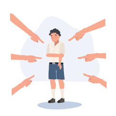 A victim of bullying concept. Unhappy Thai student boy is sad from bullying in school. Flat vector cartoon illustration
