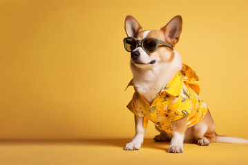 Summer corgi dog wearing yellow clothes and sunglasses, looking at blank empty copy space, over yellow background. AI generative