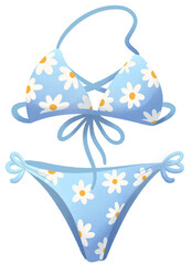 blue bikini swimsuit with flowers illustration, beach elements