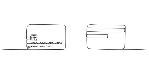 Bank card with a chip front and back, credit card one line art. Continuous line drawing of bank, money, finance, financial, payment, data, savings, economic, wealth, credit