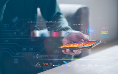artificial intelligence Digital transformation change management, internet of things. man holding smartphone working on virtual diagram, smart industry.Ai tech,data analysis