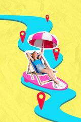 Vertical collage image of peaceful positive girl chilling lounger under sun umbrella destination route mark isolated on paper yellow background
