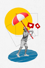 Vertical collage picture of excited black white colors guy stand water arms hold sun umbrella...
