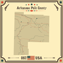 Large and accurate map of Polk County, Arkansas, USA with vintage colors.
