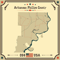 Large and accurate map of Phillips County, Arkansas, USA with vintage colors.