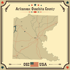 Large and accurate map of Ouachita County, Arkansas, USA with vintage colors.
