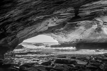 Inside the Waenhuiskrans Cave near Arniston. Monochrome