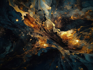 Abstract black and gold marble background. Fantasy fractal texture. Digital art. Created with Generative AI technology