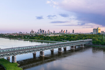 Naklejka premium Aerial view of Warsaw city center during sunset