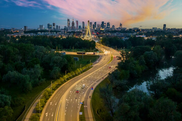 Aerial view of Warsaw city center during sunset