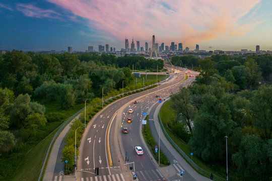 Aerial view of Warsaw city center during sunset