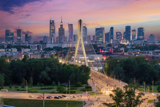 Aerial view of Warsaw city center during sunset