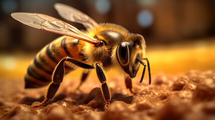 Close-up image of a bee, macro, in a honeycomb, Generated AI