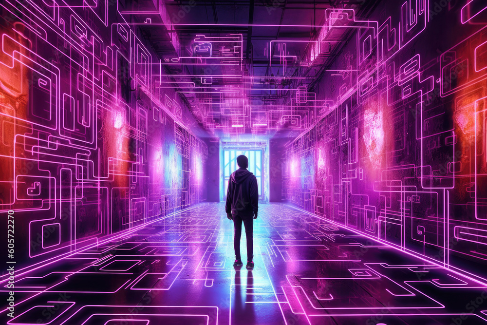 Poster person find exit from labyrinth in digital world. human silhouette lost in futuristic technology maz