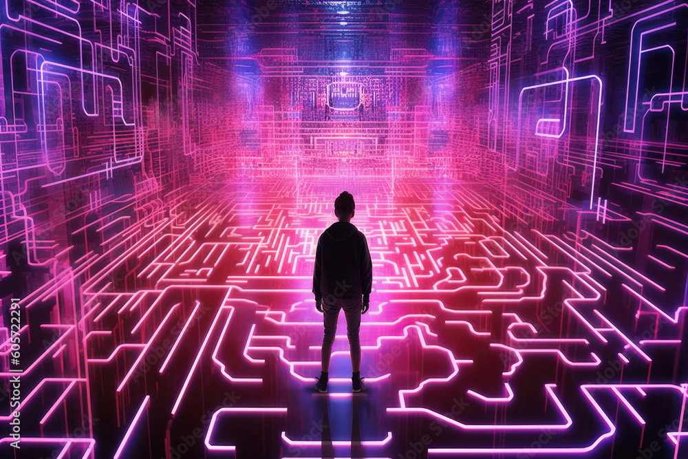 Poster person find exit from labyrinth in digital world. human silhouette lost in futuristic technology maz