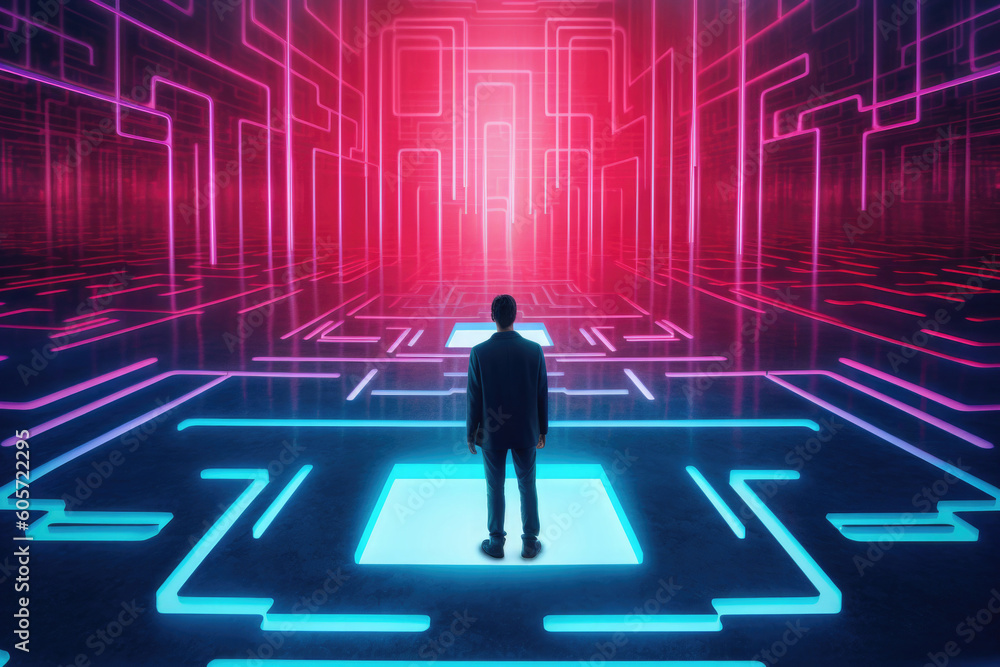 Poster person find exit from labyrinth in digital world. human silhouette lost in futuristic technology maz
