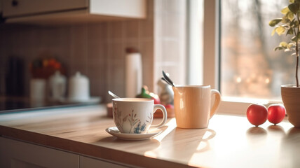 Fototapeta na wymiar Kitchen wooden table top with breakfast at morning time. Scandinavian style vintage kitchen interior. Created with Generative AI