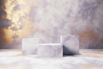 薄い紫と金色のマーブル模様の背景と床と三つの展示台がある抽象テンプレート。AI生成画像